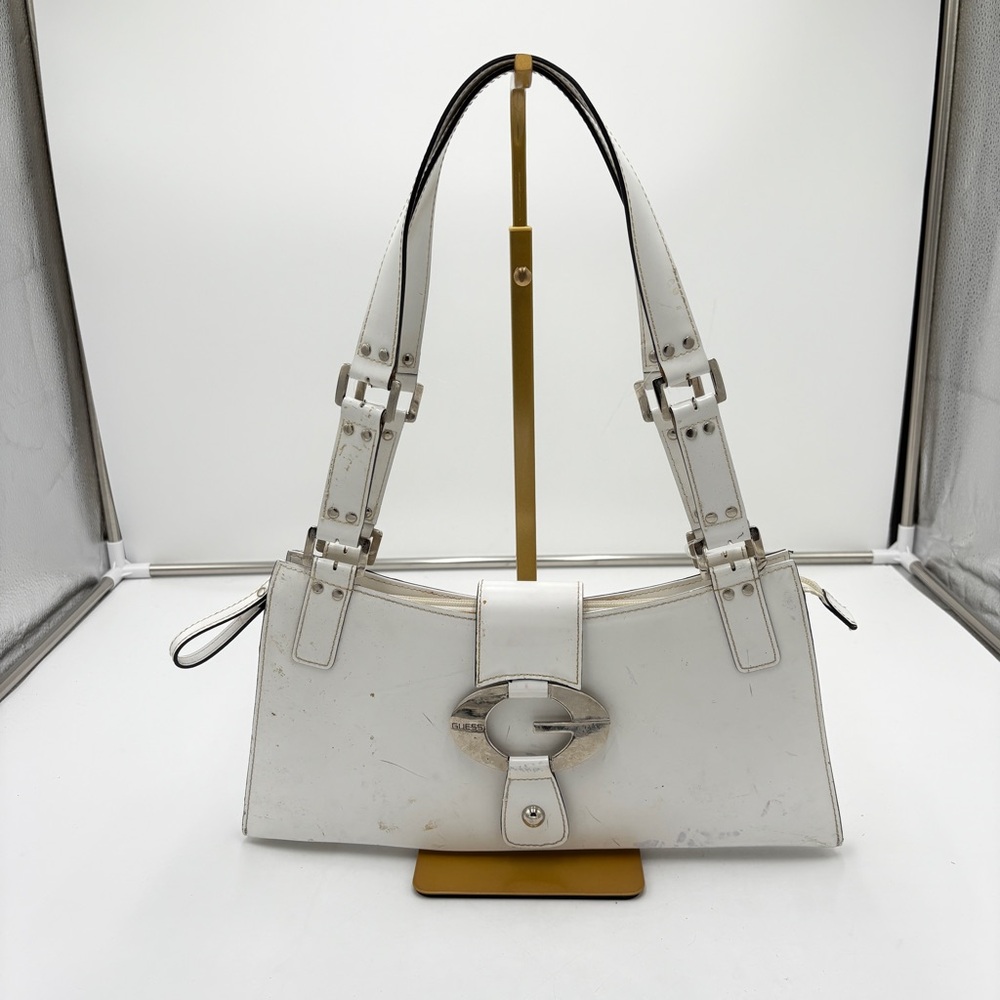 Vtg Y2K Futurism Cyber Guess White Faux Leather Shoulder Bag Purse Silver Logo